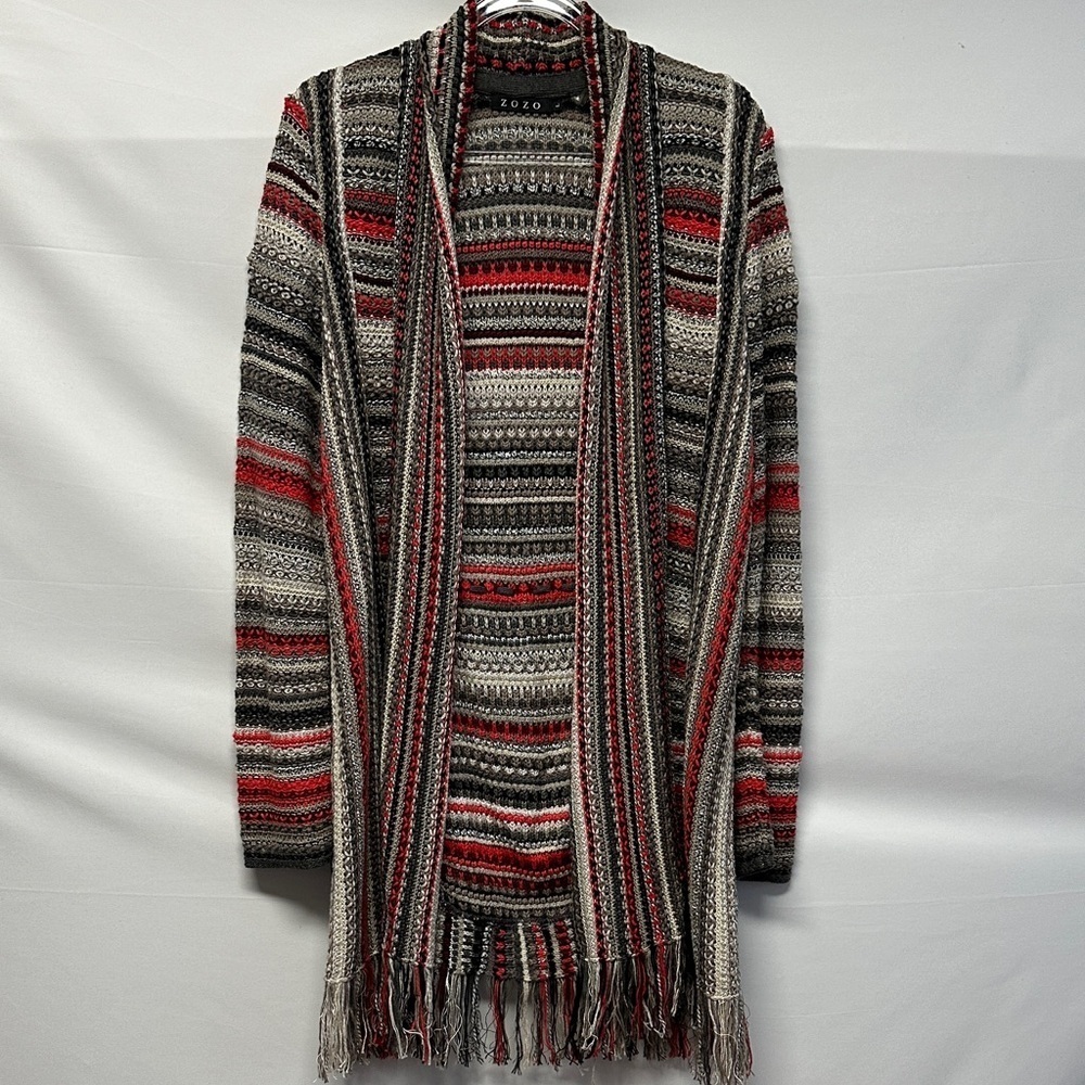 ZOZO Cotton Linen Blend Open Front Long Duster Cardigan Fringe Sweater Multi L
